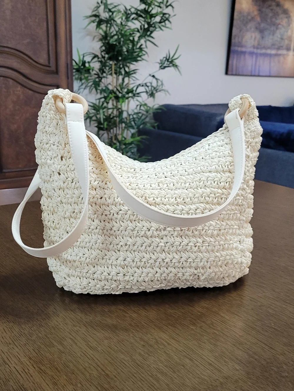Boho Woven Crochet Crossbody Bag in Cream